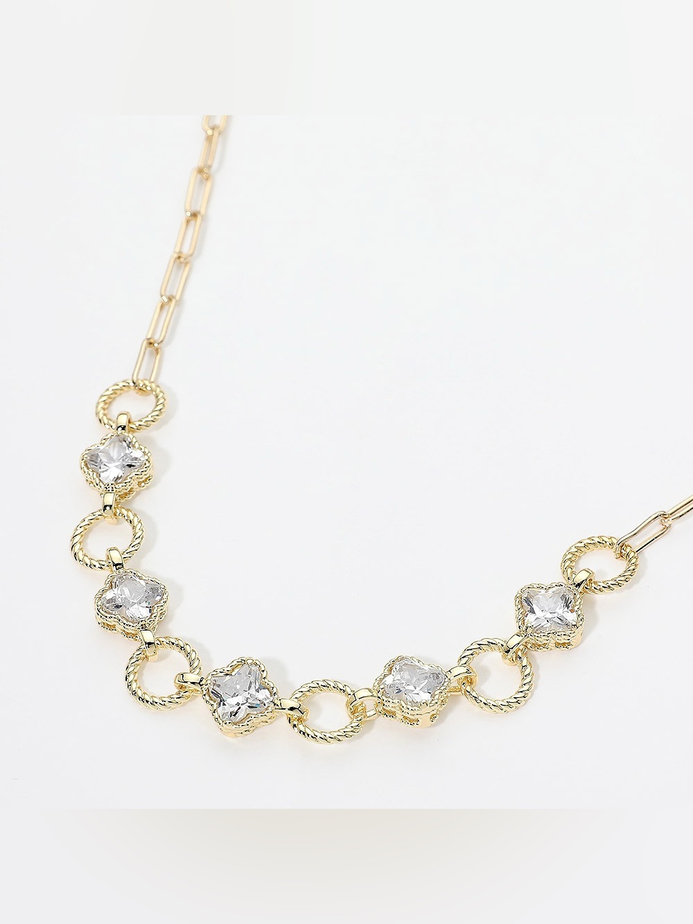 14K Gold Plated CZ Quatrefoil Charm Link Necklace